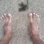 Persona caminando descalza por la playa al atardecer practicando grounding en verano